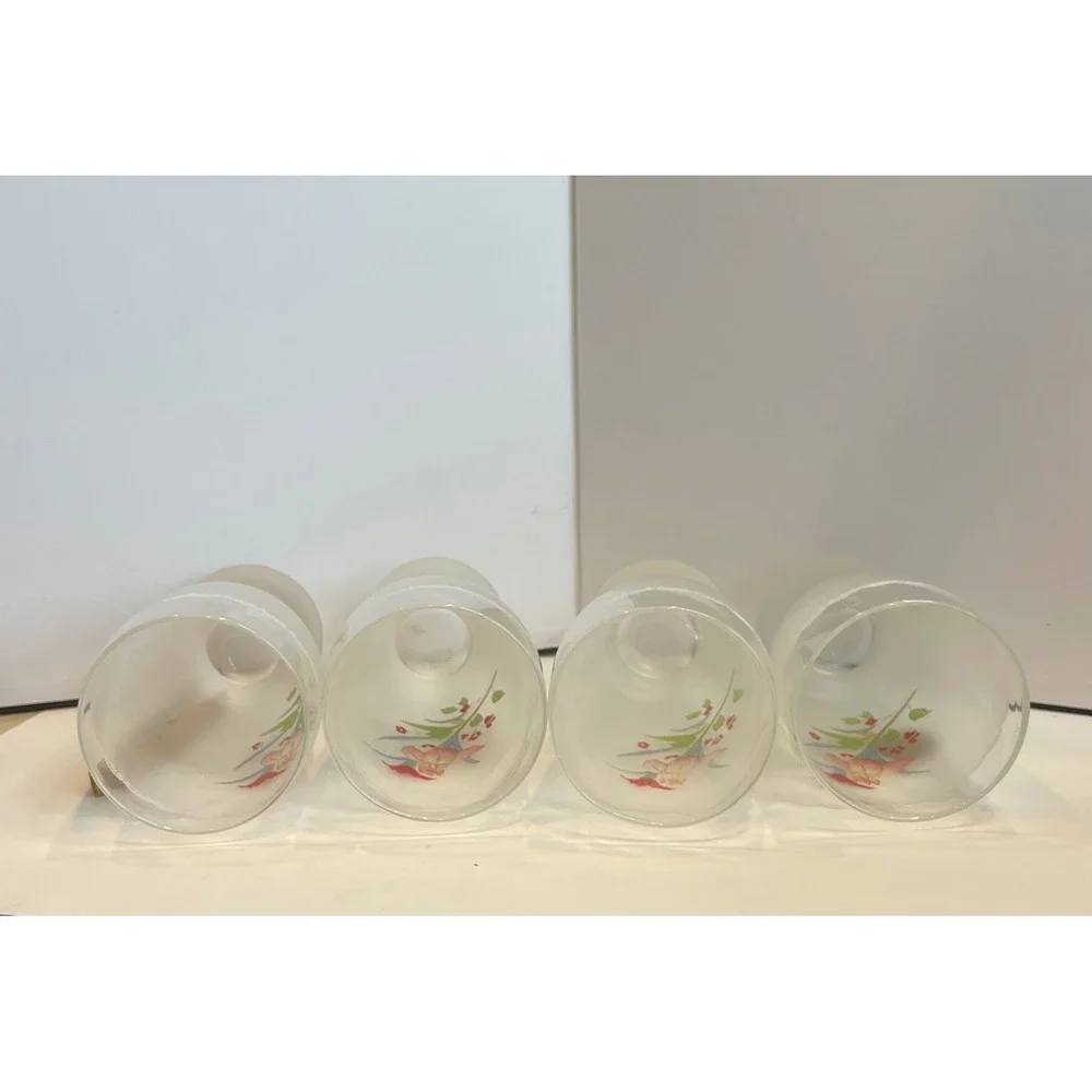Vintage Frosted Glass Floral Iris Tumbler Set of 4 White Lace Trim 6 inch Tall
